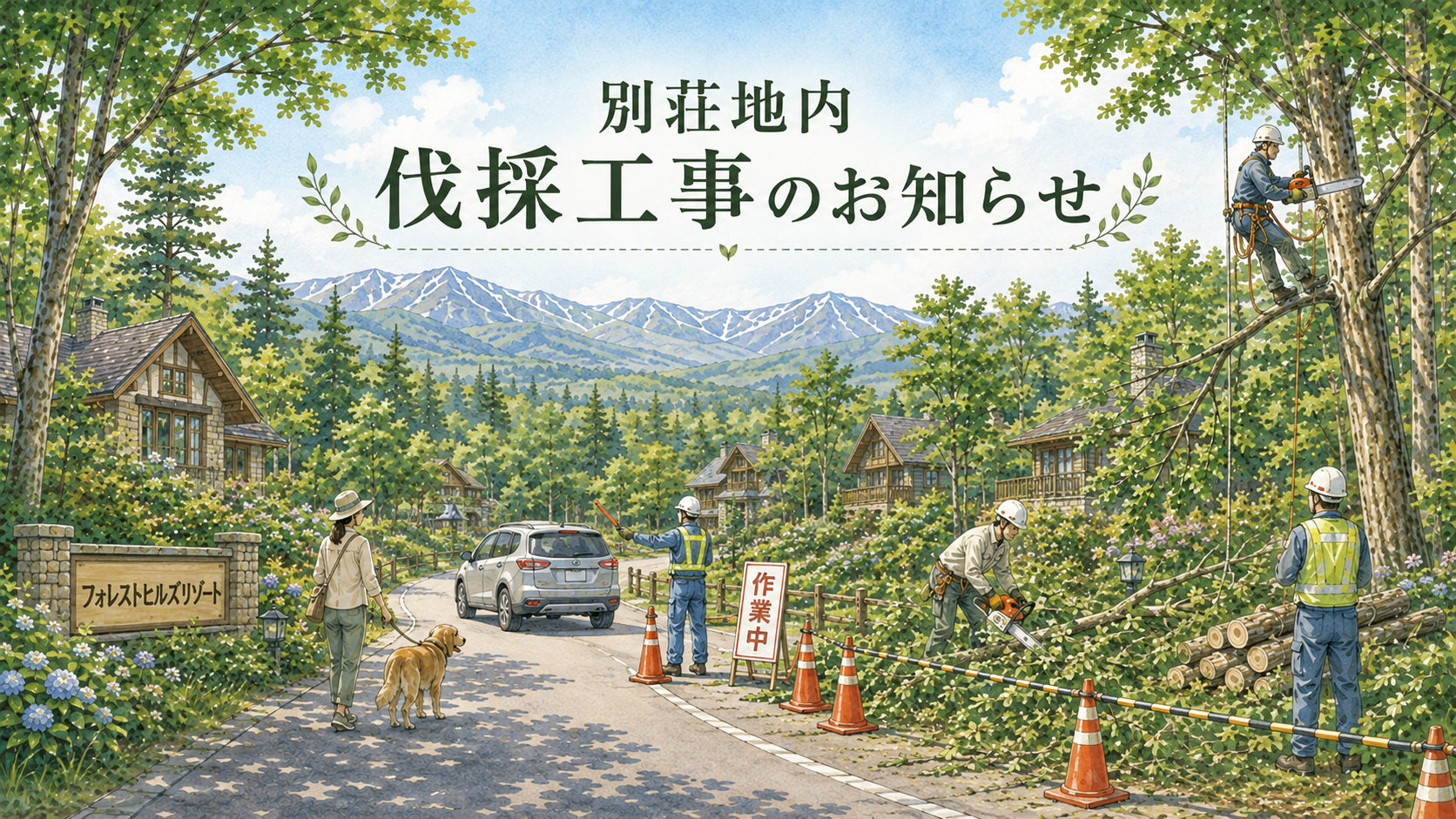 別荘地内の伐採工事を案内するイラスト